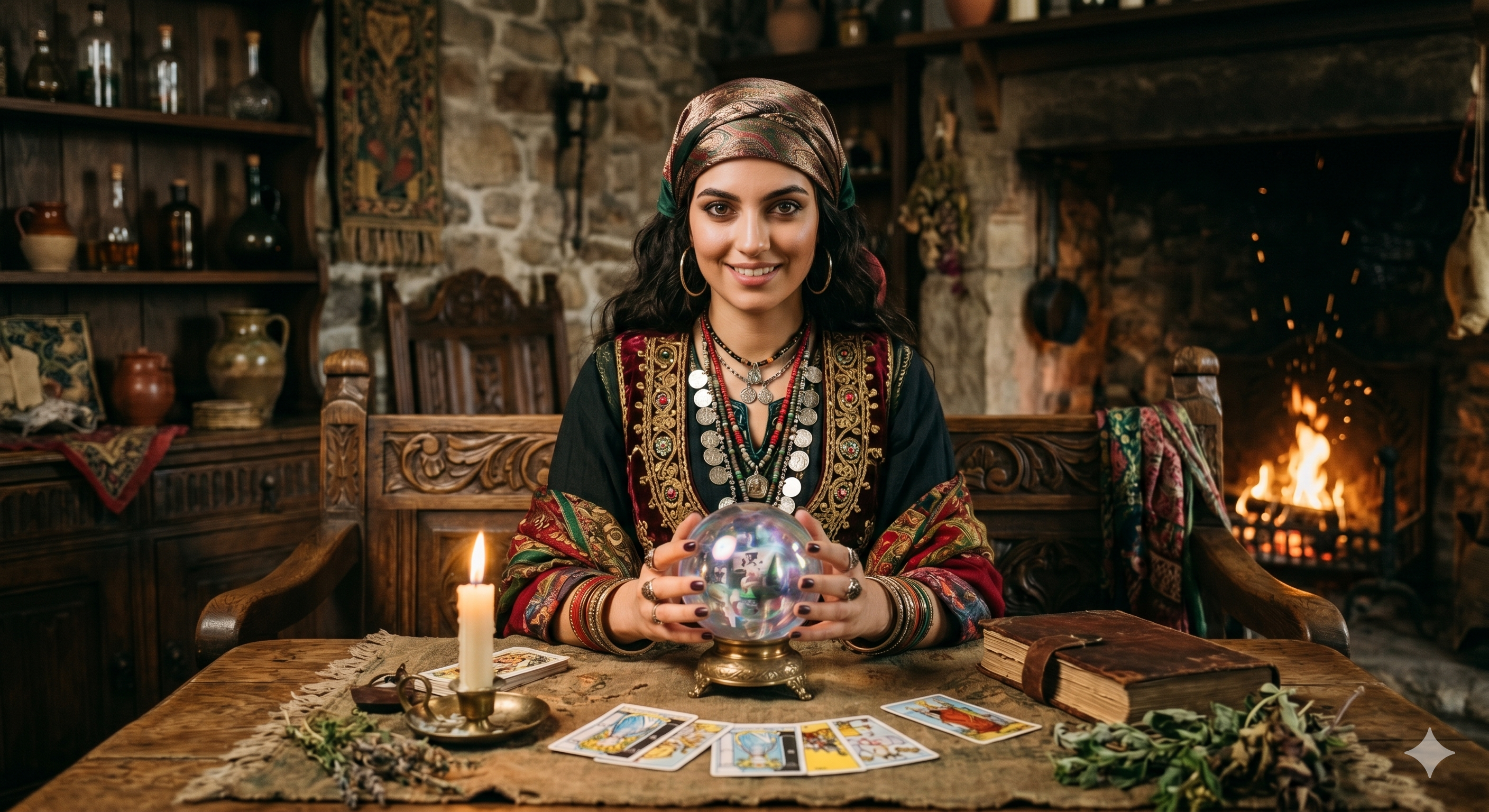 Illustration of a dream reader with crystal ball and cards — decorative, not a real person.